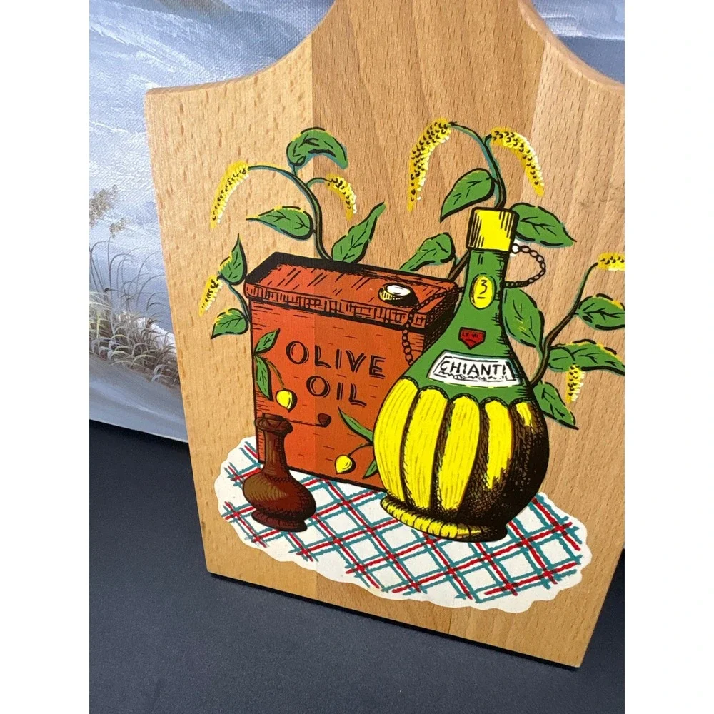 Vintage 70s Wooden Cutting Board Italian Olive Oil Graphic Wall Decor Plaque